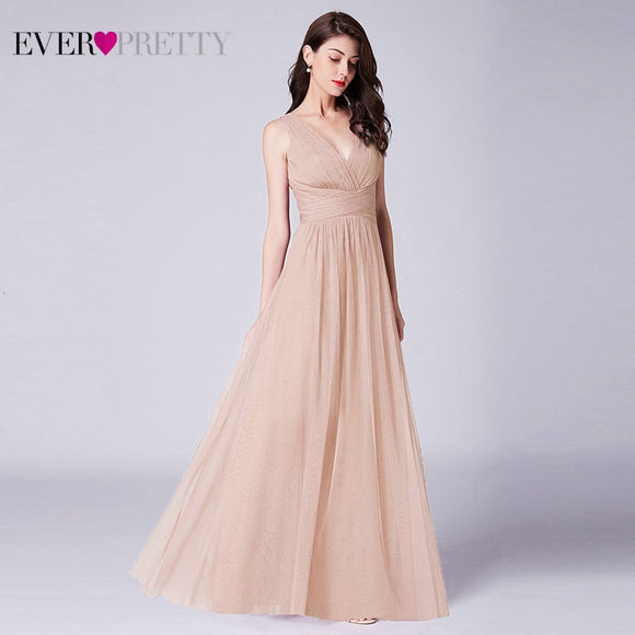 New Bridesmaids Dresses 2020 Ever Pretty EP07526OD Elegant A Line V Neck Long Tulle Pleated Wedding Party Gowns Robe Mousseline