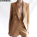 Za women buttoned blazer Long sleeve blazer lapel collar defined shoulders flap pockets vent double-breasted metal button camel