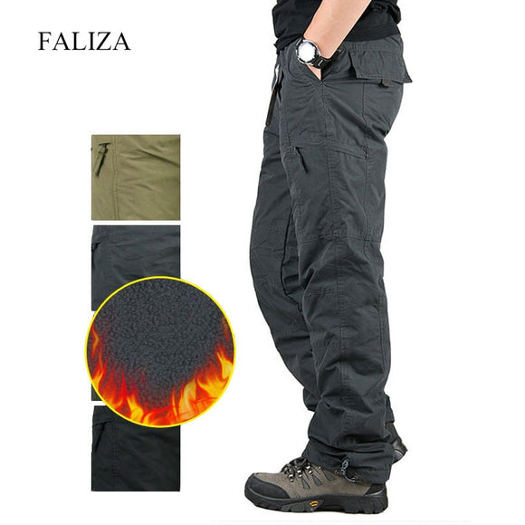 Men's Cargo Pants Thick Fleece Multi Pockets Military Tactical Pants Cotton Men Outwear Straight Casual Trousers for Winter PA23