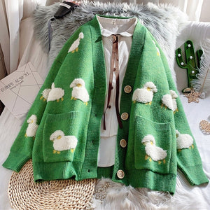 Autumn Winter Knitted Female Cardigan Loose Streetwear Knit Sweater Coat Cute Cartoon Print V Neck knitted cardigan Women Jacket